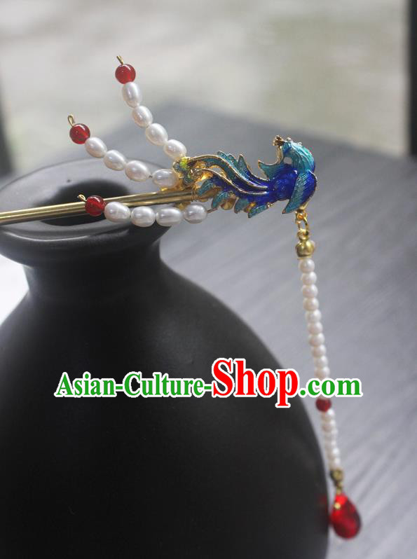 Chinese Classical Cloisonne Phoenix Hair Clip Hair Accessories Handmade Ancient Hanfu Pearls Tassel Hairpin for Women