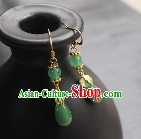 Handmade Chinese Women Green Jade Ear Accessories Classical Hanfu Eardrop Earrings