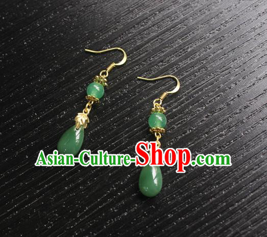 Handmade Chinese Women Green Jade Ear Accessories Classical Hanfu Eardrop Earrings