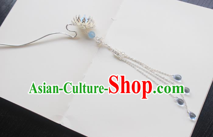 Chinese Classical Argent Lotus Hair Clip Hair Accessories Handmade Ancient Hanfu Beads Tassel Hairpin for Women