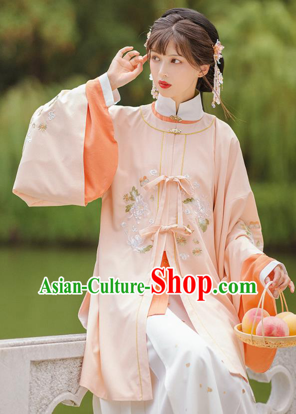 Chinese Ming Dynasty Historical Costumes Traditional Hanfu Apparels Ancient Patrician Lady Pink Gown and Skirt Complete Set