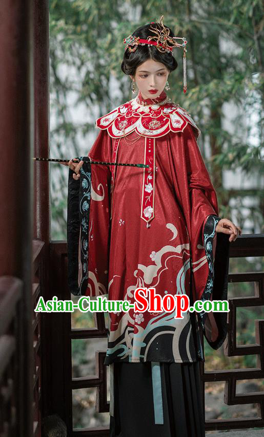 Chinese Ming Dynasty Royal Countess Historical Costumes Traditional Hanfu Apparels Ancient Noble Woman Red Gown and Skirt Full Set