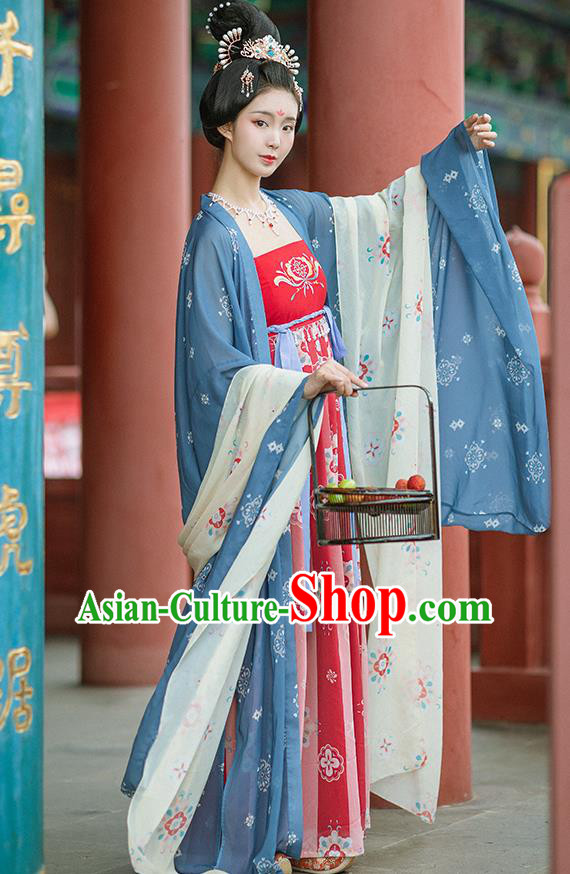 Chinese Ancient Imperial Consort Blue Wide Sleeve Cloak and Red Dress Traditional Hanfu Apparels Tang Dynasty Court Women Historical Costumes