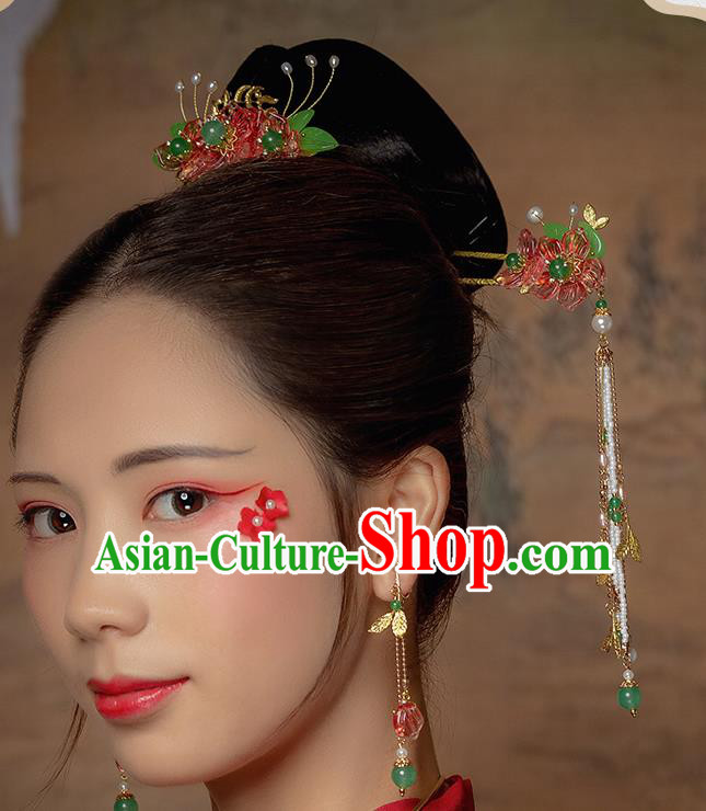 Chinese Classical Red Flowers Hair Clip Hair Accessories Handmade Ancient Court Lady Hanfu Tassel Hairpins for Women