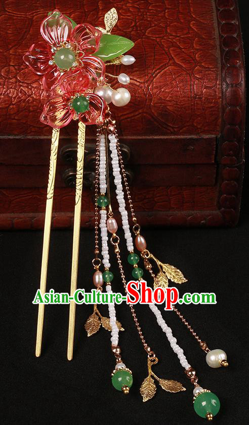 Chinese Classical Red Flowers Hair Clip Hair Accessories Handmade Ancient Court Lady Hanfu Tassel Hairpins for Women