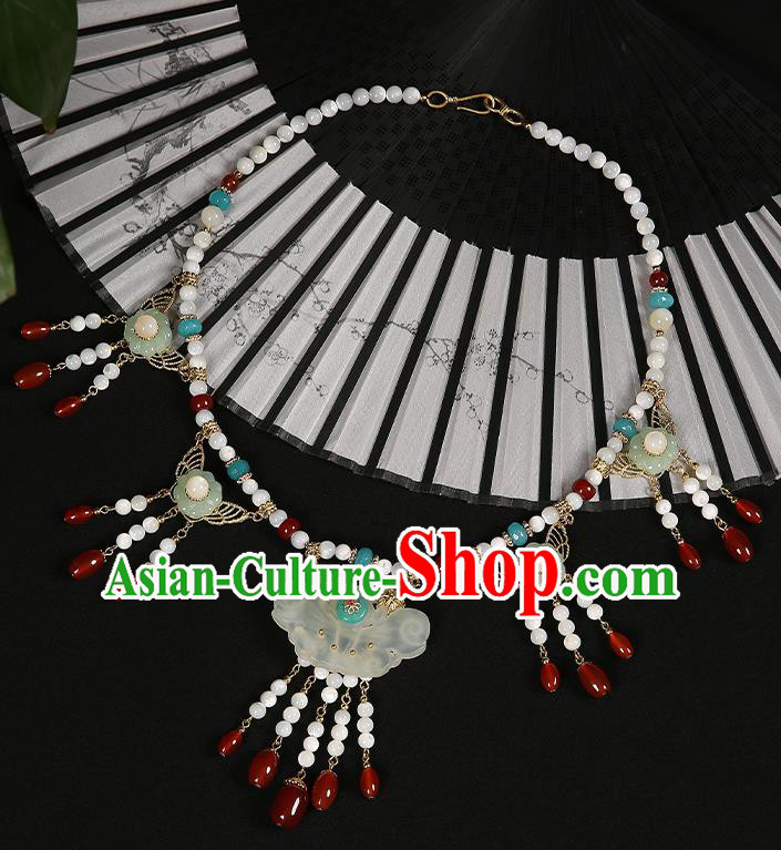 Chinese Handmade Hanfu Jade Butterfly Necklace Classical Jewelry Accessories Red Beads Tassel Necklet for Women