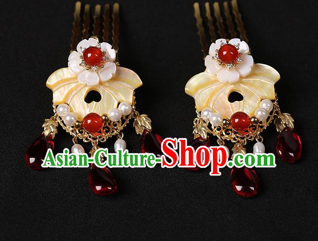 Chinese Classical Shell Flower Hair Comb Hair Accessories Handmade Ancient Court Lady Hanfu Pearls Hairpins for Women