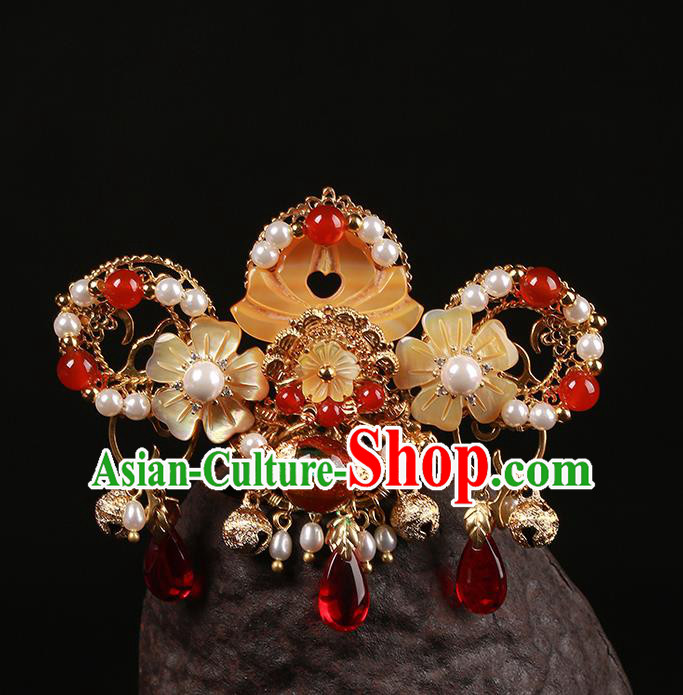 Chinese Classical Golden Bells Hair Crown Hair Accessories Handmade Ancient Court Lady Hanfu Shell Flower Hairpins for Women