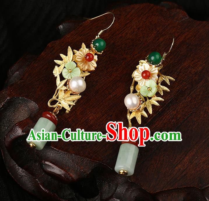 Handmade Chinese Song Dynasty Court Women Ear Accessories Classical Eardrop Ancient Hanfu Jade Earrings