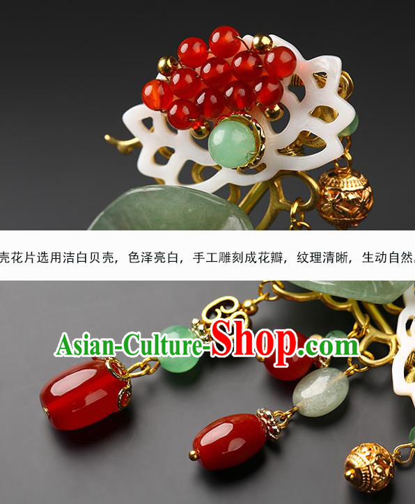 Chinese Classical Jade Lotus Leaf Hair Clip Hanfu Hair Accessories Handmade Ancient Princess Red Beads Tassel Hairpins for Women