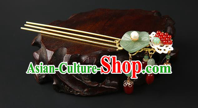 Chinese Classical Jade Lotus Leaf Hair Clip Hanfu Hair Accessories Handmade Ancient Princess Red Beads Tassel Hairpins for Women