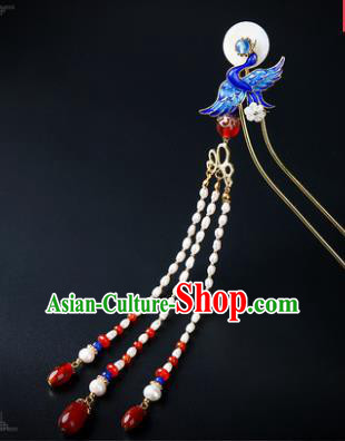 Chinese Classical Qing Dynasty Blueing Crane Hair Clip Hanfu Hair Accessories Handmade Ancient Princess Pearls Tassel Hairpins for Women