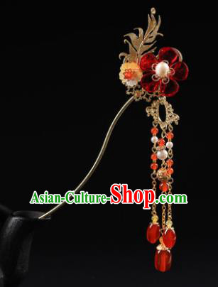 Chinese Classical Qing Dynasty Red Plum Hair Clip Hanfu Hair Accessories Handmade Ancient Princess Tassel Hairpins for Women