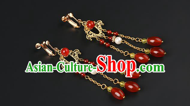 Handmade Chinese Wedding Ear Accessories Classical Eardrop Ancient Women Hanfu Red Beads Tassel Earrings