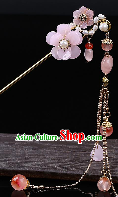 Chinese Classical Pink Flower Hair Clip Hanfu Hair Accessories Handmade Ancient Princess Tassel Hairpins for Women