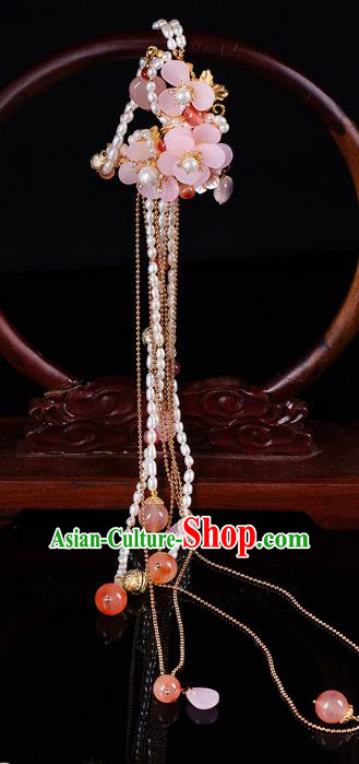 Chinese Classical Hanfu Pearls Tassel Waist Accessories Ancient Princess Pink Flowers Belt Pendant