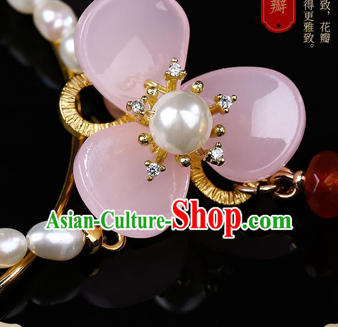 Chinese Handmade Pearls Bracelet Classical Jewelry Accessories Ancient Hanfu Pink Flower Bangle for Women