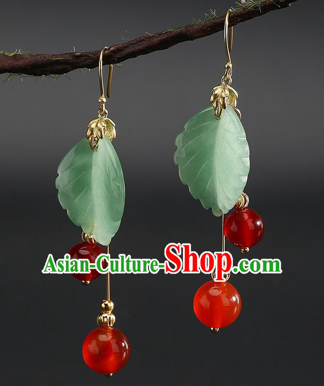 Handmade Chinese Bride Ear Accessories Classical Eardrop Ancient Women Hanfu Green Leaf Earrings