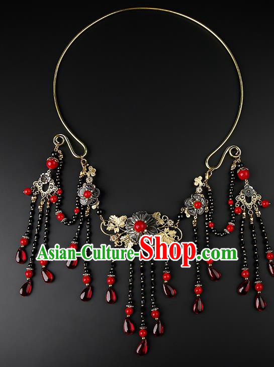 Chinese Handmade Song Dynasty Shell Plum Necklet Classical Jewelry Accessories Ancient Hanfu Black Beads Tassel Necklace for Women