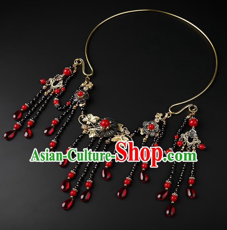 Chinese Handmade Song Dynasty Shell Plum Necklet Classical Jewelry Accessories Ancient Hanfu Black Beads Tassel Necklace for Women