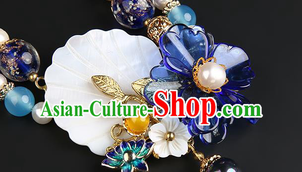 Chinese Handmade Navy Tassel Necklet Classical Jewelry Accessories Ancient Hanfu Pearls Necklace for Women