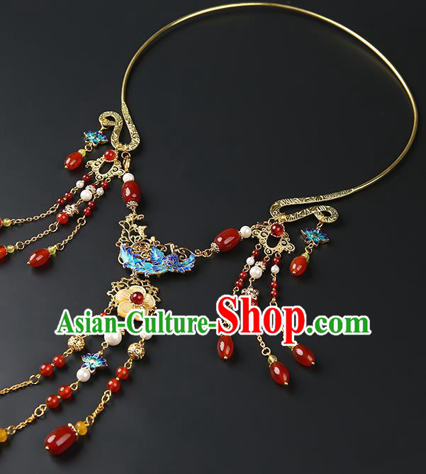 Chinese Handmade Ming Dynasty Necklet Classical Jewelry Accessories Ancient Hanfu Agate Beads Tassel Necklace for Women