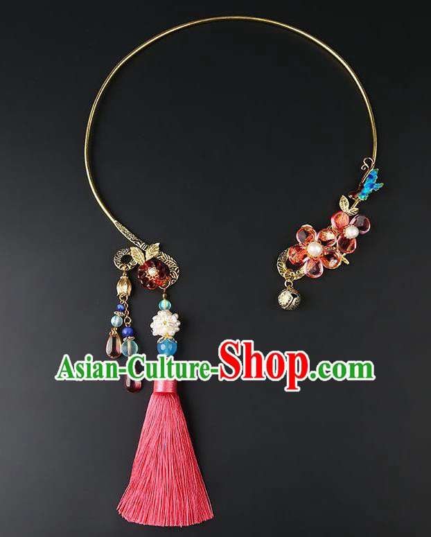 Chinese Handmade Ming Dynasty Golden Necklet Classical Jewelry Accessories Ancient Hanfu Pink Tassel Necklace for Women