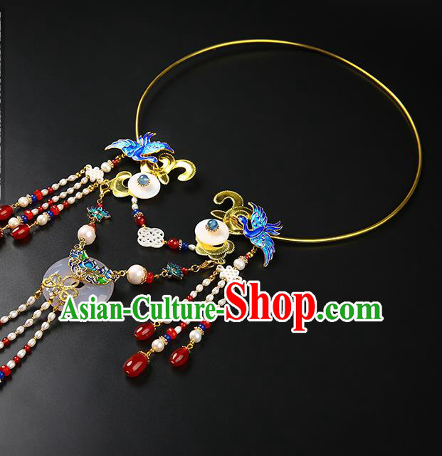 Chinese Handmade Ming Dynasty Pearls Tassel Necklet Classical Jewelry Accessories Ancient Hanfu Blueing Necklace for Women