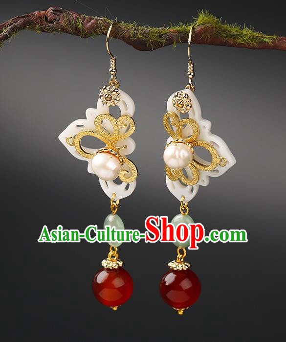 Handmade Chinese Shell Ear Accessories Classical Eardrop Ancient Women Hanfu Jade Bead Earrings