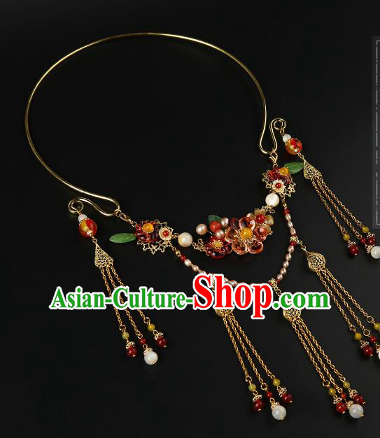 Chinese Handmade Ming Dynasty Golden Tassel Necklet Classical Jewelry Accessories Ancient Hanfu Flowers Necklace for Women