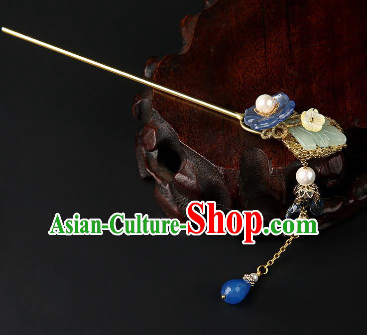 Chinese Classical Blue Stone Tassel Hair Clip Hanfu Hair Accessories Handmade Ancient Princess Hairpins for Women