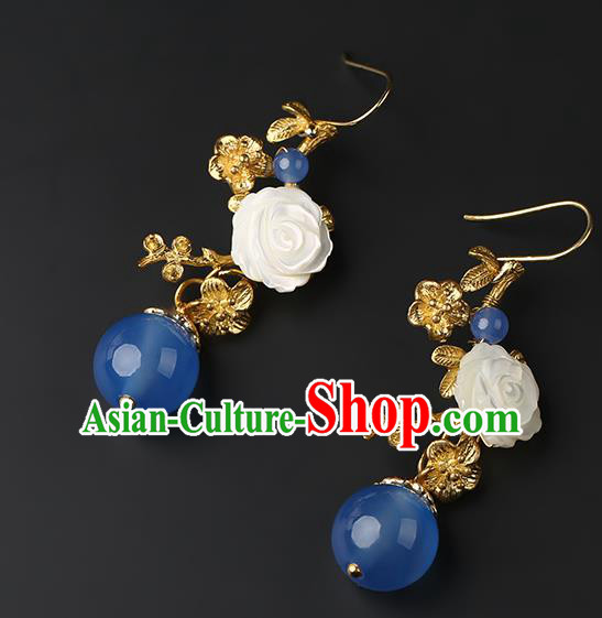 Handmade Chinese White Rose Ear Accessories Classical Eardrop Ancient Women Hanfu Blue Beads Earrings