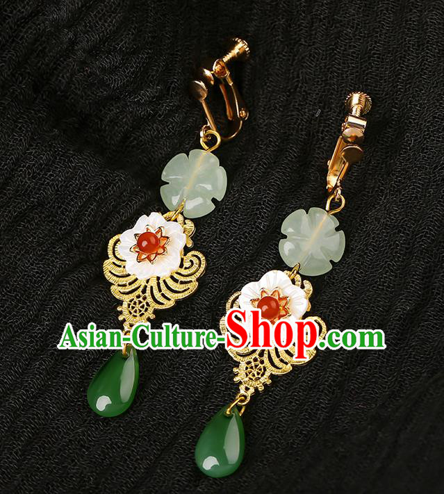 Handmade Chinese Jade Ear Accessories Classical Eardrop Ancient Women Hanfu Golden Earrings
