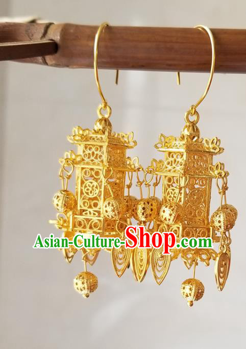 Handmade Chinese Court Woman Ear Accessories Classical Eardrop Ancient Empress Hanfu Golden Earrings