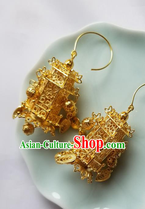 Handmade Chinese Court Woman Ear Accessories Classical Eardrop Ancient Empress Hanfu Golden Earrings