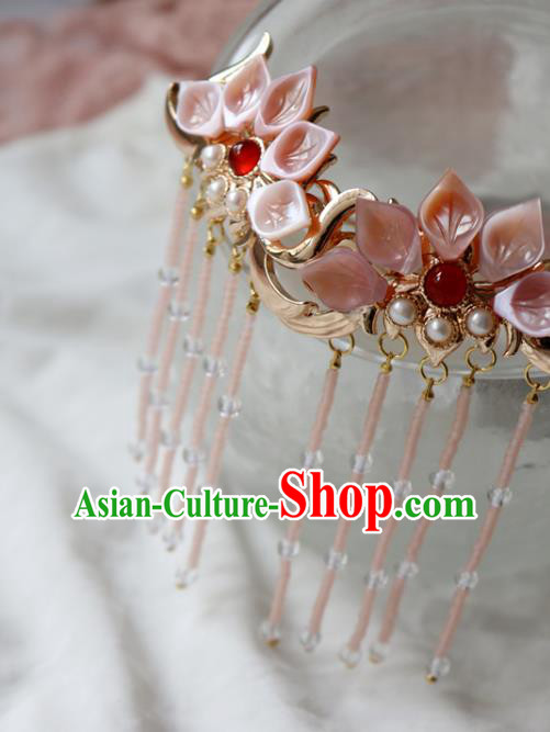 Chinese Classical Pink Shell Lotus Hair Clip Hanfu Hair Accessories Handmade Ancient Princess Tassel Hairpins for Women