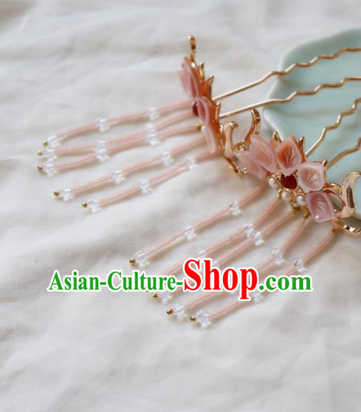 Chinese Classical Pink Shell Lotus Hair Clip Hanfu Hair Accessories Handmade Ancient Princess Tassel Hairpins for Women