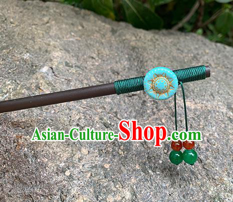 Chinese Classical Cheongsam Wood Hair Clip Hanfu Hair Accessories Handmade Ancient Ebony Green Beads Tassel Hairpin for Women