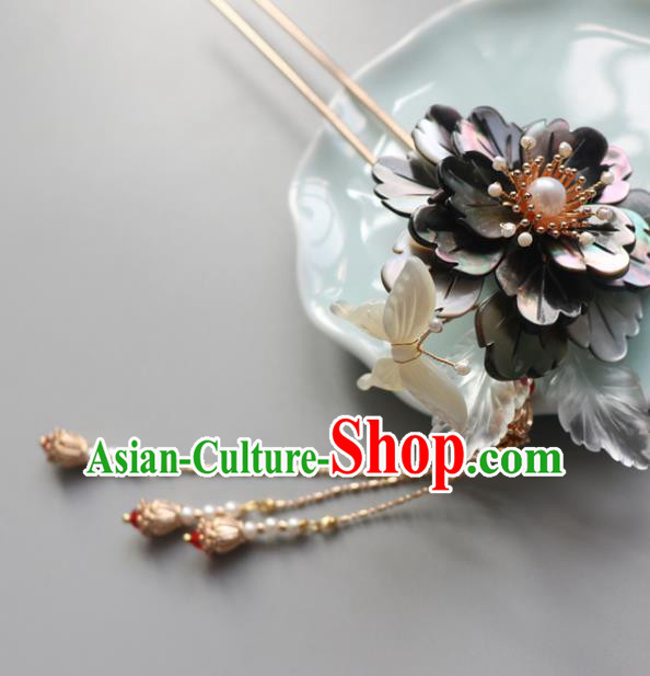 Chinese Classical Black Peony Hair Clip Hanfu Hair Accessories Handmade Ancient Princess Shell Butterfly Tassel Hairpins for Women
