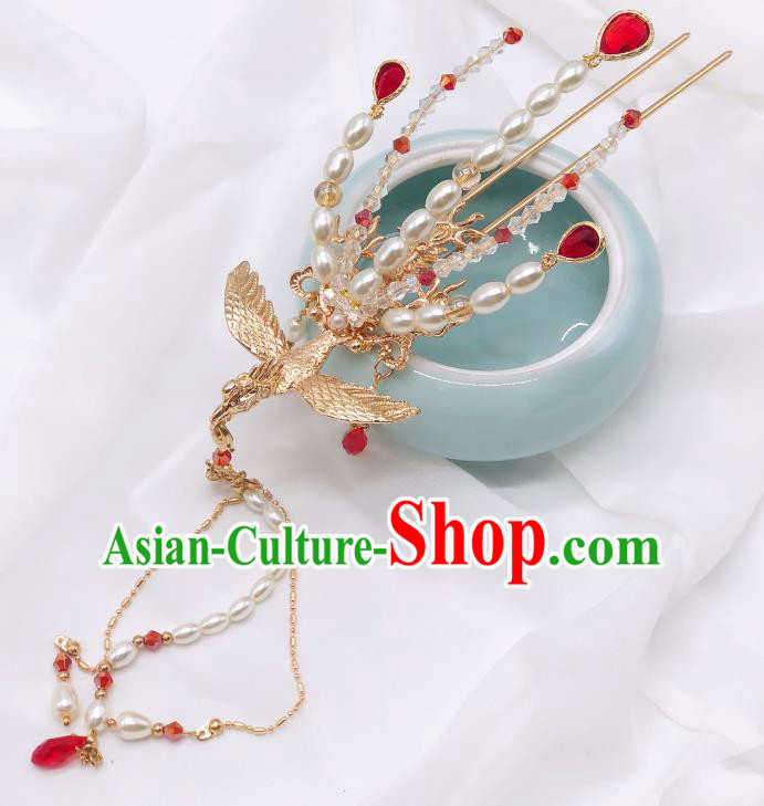 Chinese Classical Court Pearls Tassel Hair Clip Women Hanfu Hair Accessories Handmade Ancient Empress Red Crystal Phoenix Hairpins