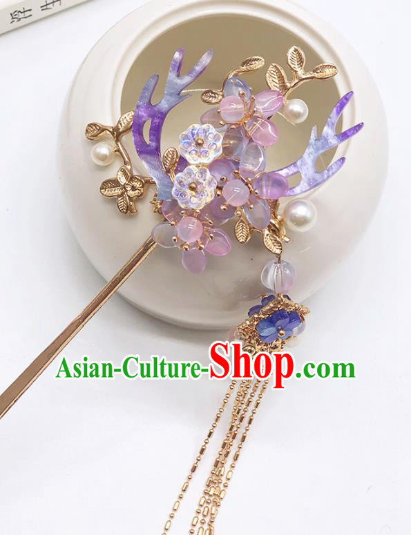Chinese Classical Purple Antler Hair Clip Women Hanfu Hair Accessories Handmade Ancient Princess Tassel Hairpins