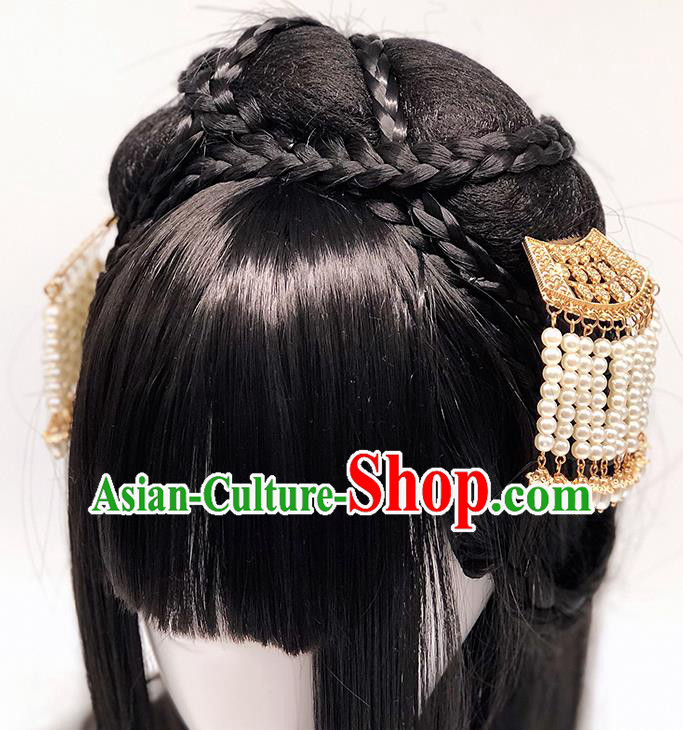 Chinese Classical Golden Hair Comb Women Hanfu Hair Accessories Handmade Ancient Tang Dynasty Tassel Hairpins