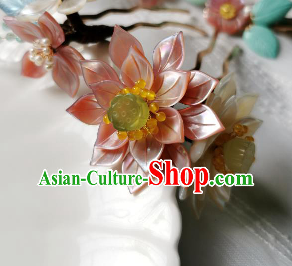 Chinese Classical Pink Lotus Hair Clip Hanfu Hair Accessories Handmade Ancient Princess Shell Flower Hairpins for Women