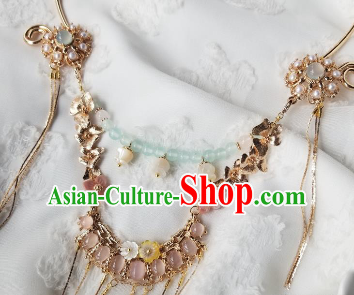 Chinese Handmade Ming Dynasty Pink Chalcedony Necklet Classical Jewelry Accessories Ancient Hanfu Golden Tassel Necklace for Women