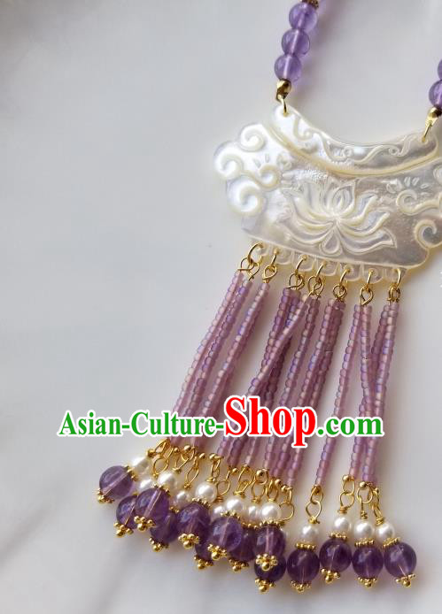 Chinese Handmade Shell Carving Lotus Necklet Classical Jewelry Accessories Ancient Hanfu Purple Beads Tassel Necklace for Women