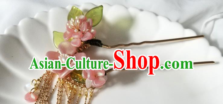 Chinese Classical Golden Tassel Hair Clip Hanfu Hair Accessories Handmade Ancient Song Dynasty Queen Pink Flowers Hairpins for Women