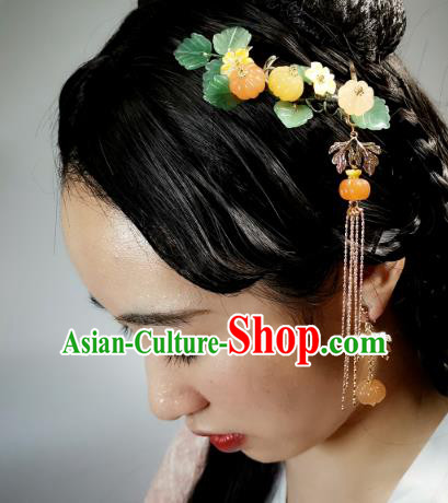 Chinese Classical Pumpkin Tassel Hair Comb Hanfu Hair Accessories Handmade Ancient Song Dynasty Princess Jade Hairpins for Women