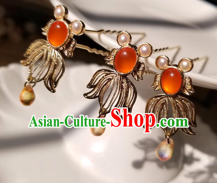 Chinese Classical Goldfish Hair Clip Hanfu Hair Accessories Handmade Ancient Song Dynasty Princess Agate Hairpins for Women