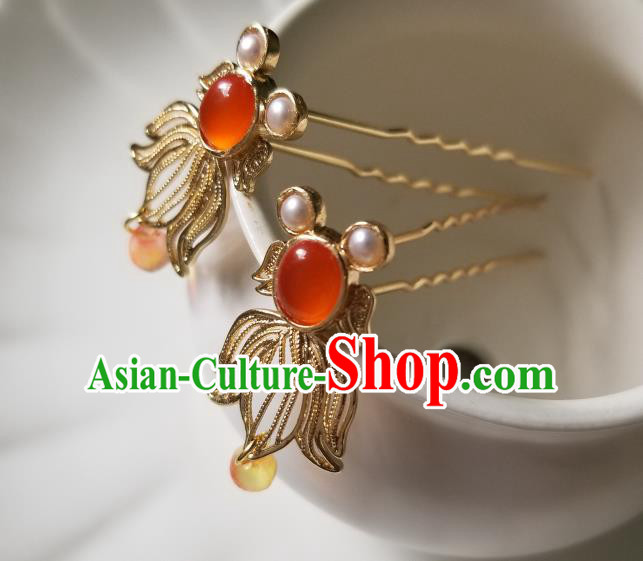 Chinese Classical Goldfish Hair Clip Hanfu Hair Accessories Handmade Ancient Song Dynasty Princess Agate Hairpins for Women
