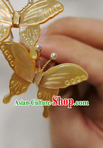 Chinese Classical Yellow Shell Butterfly Hair Stick Hanfu Hair Accessories Handmade Ancient Song Dynasty Princess Hairpins for Women